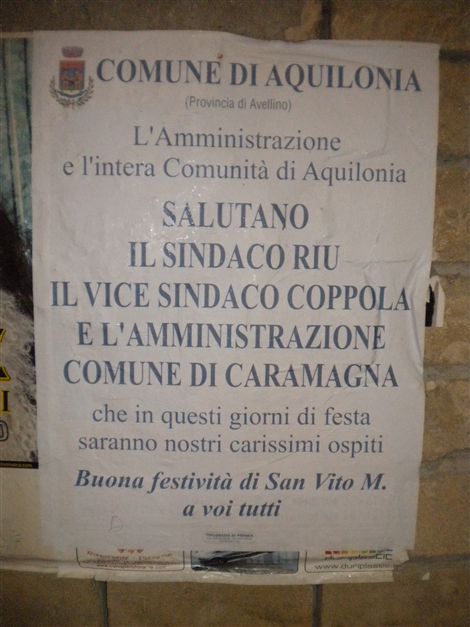 Manifesto di saluto alla delegazione di Caramagna dell'Amministrazione e della comunità di Aquilonia