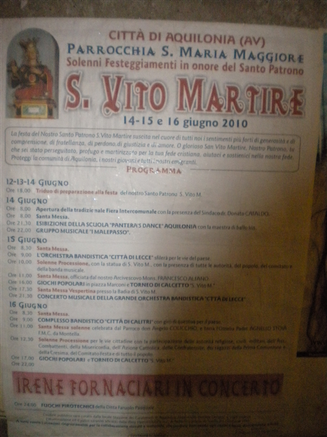 Locandina per i festaggiamenti in onore di San Vito, Santo patrone di Aquilonia