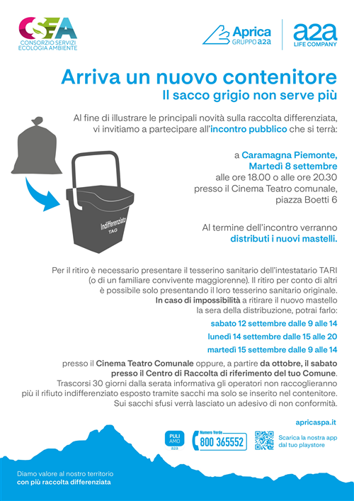 Incontro pubblico per informazione e distribuzione di un nuovo contenitore per la raccolta differenziata.